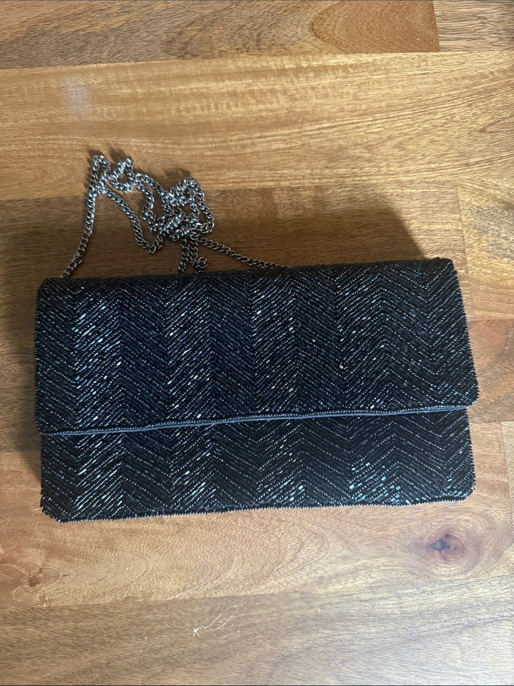 Black Beaded Chevron Chain Clutch